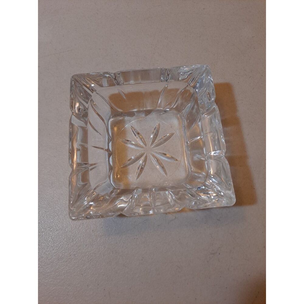 Vintage MCM Clear Cut Glass Ashtray Art Deco Chunky Heavy Decor